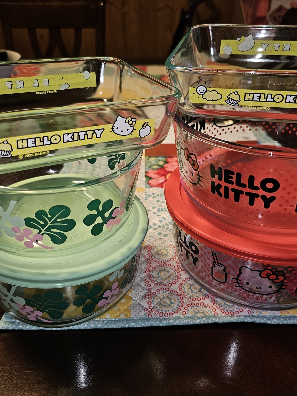 Hello Kitty Glass Storage Bowls with Red and Mint Lids